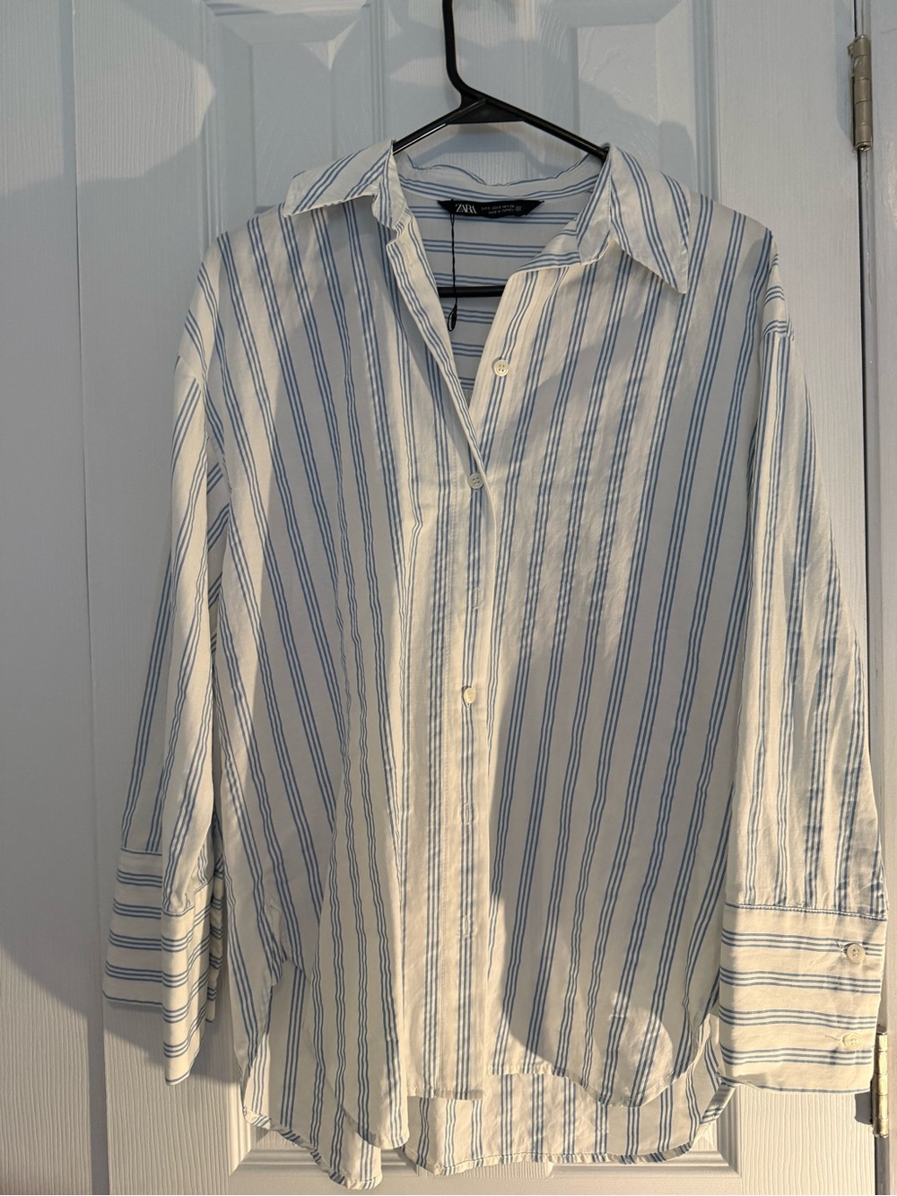 Zara Women White Shirt with Light Blue Vertical Stripes